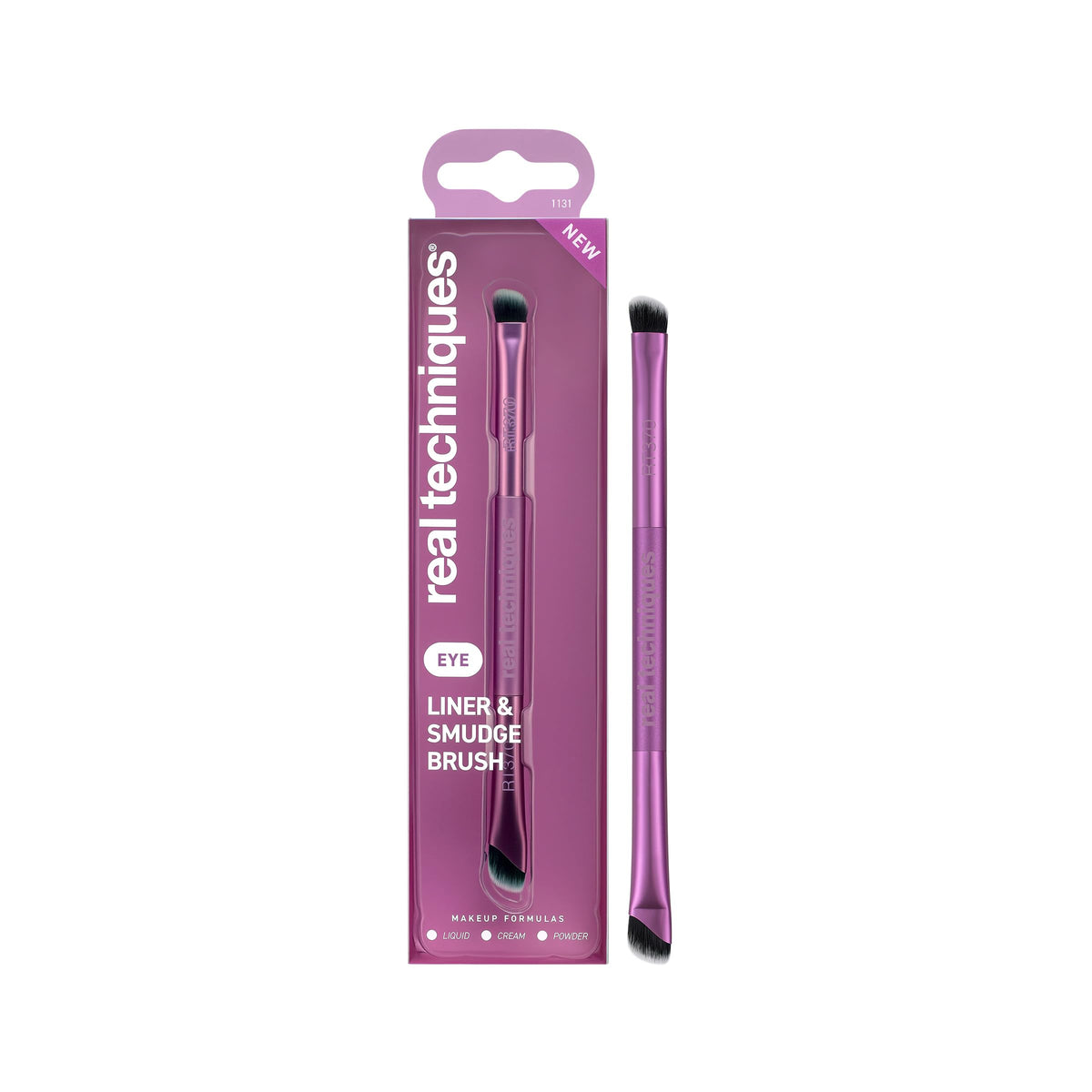 Real Techniques Liner & Smudge Brush dual-ended head for precise eyeliner and smoky looks.