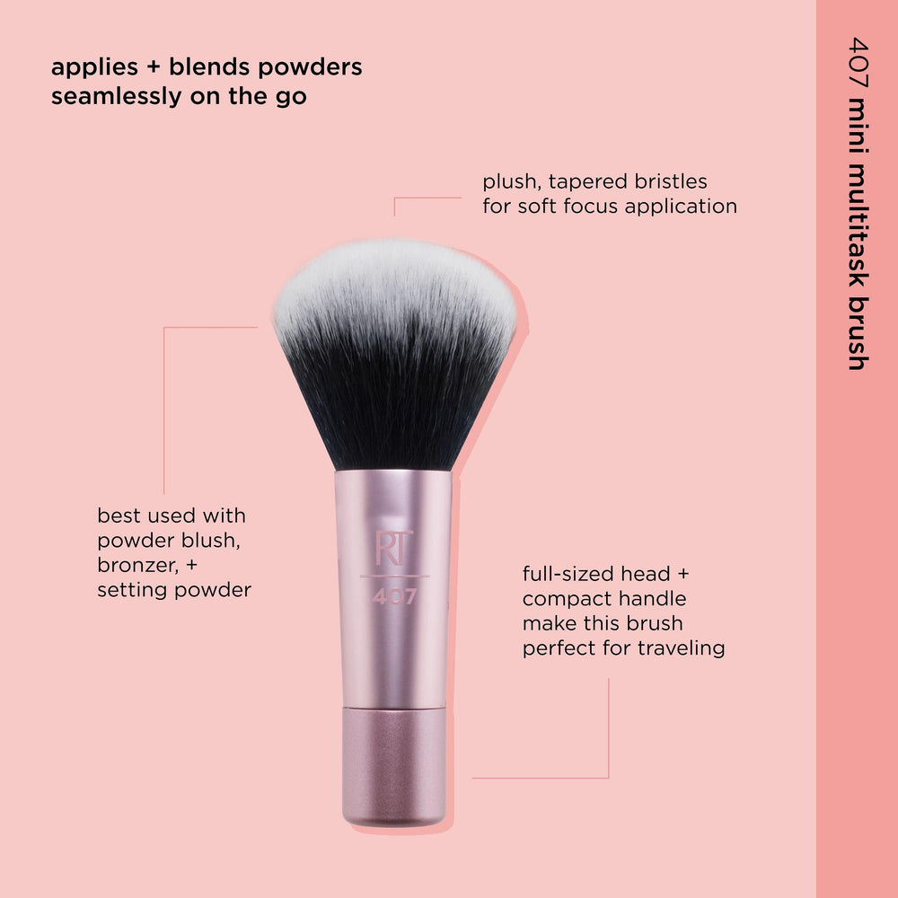 Real Techniques Mini Multitask Brush pink frosted handle detail for confident grip