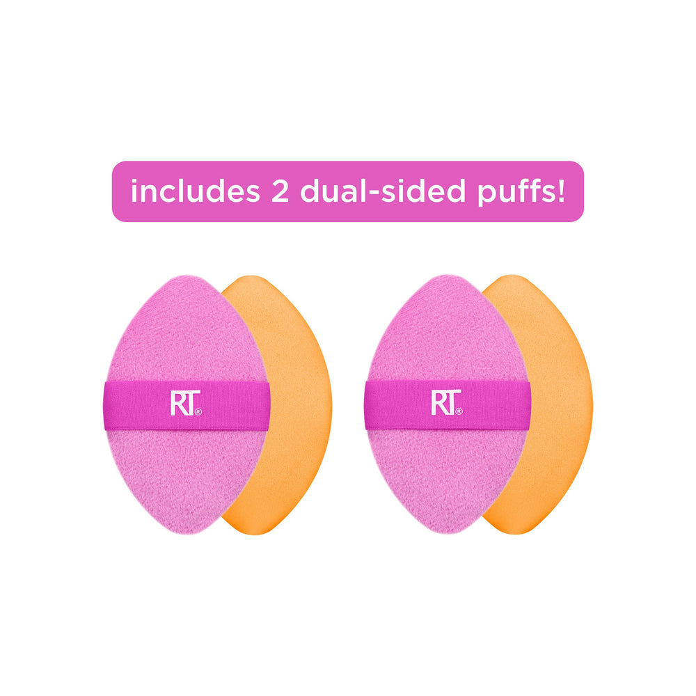 Real Techniques Miracle 2-in-1 orange-side puff blends liquids for seamless coverage.