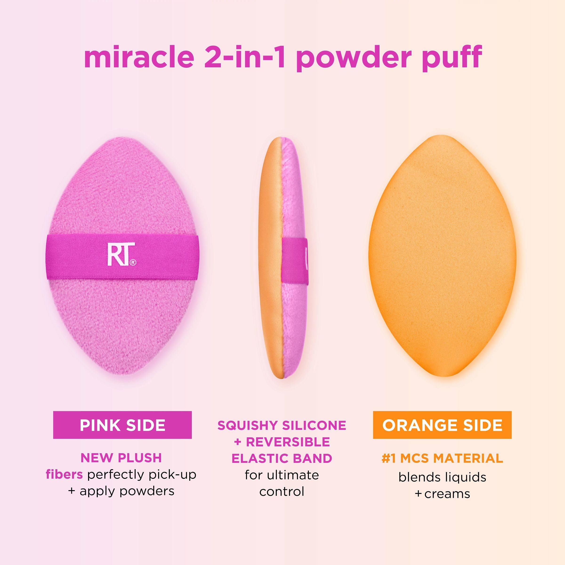 Real Techniques Miracle 2-in-1 puff with reversible band for controlled, mess-free use.