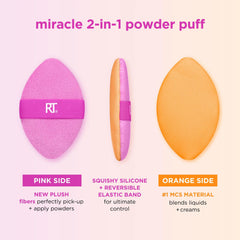 Real Techniques Miracle 2-in-1 puff with reversible band for controlled, mess-free use.