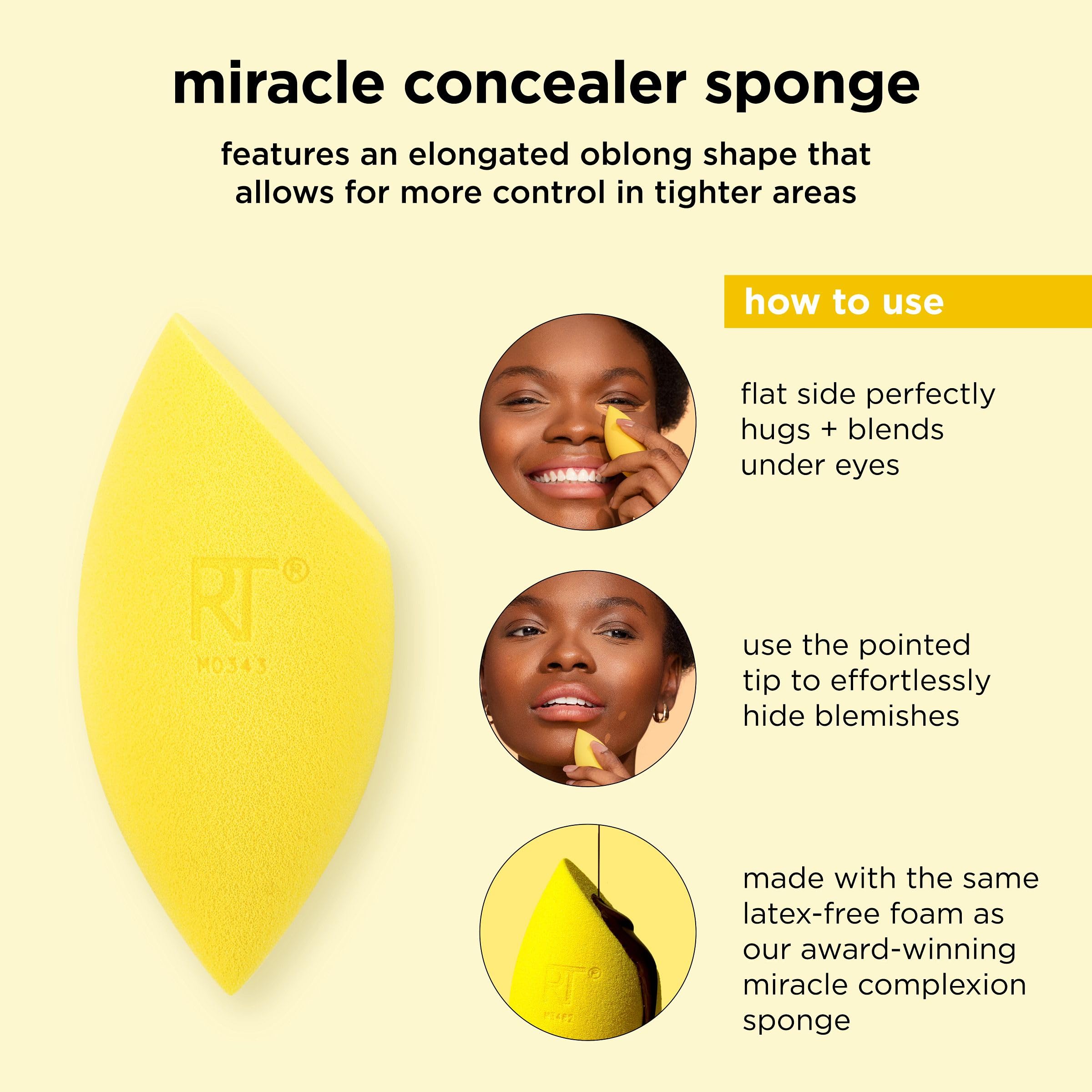 Real Techniques Miracle Concealer Sponge latex-free foam for comfortable wear.