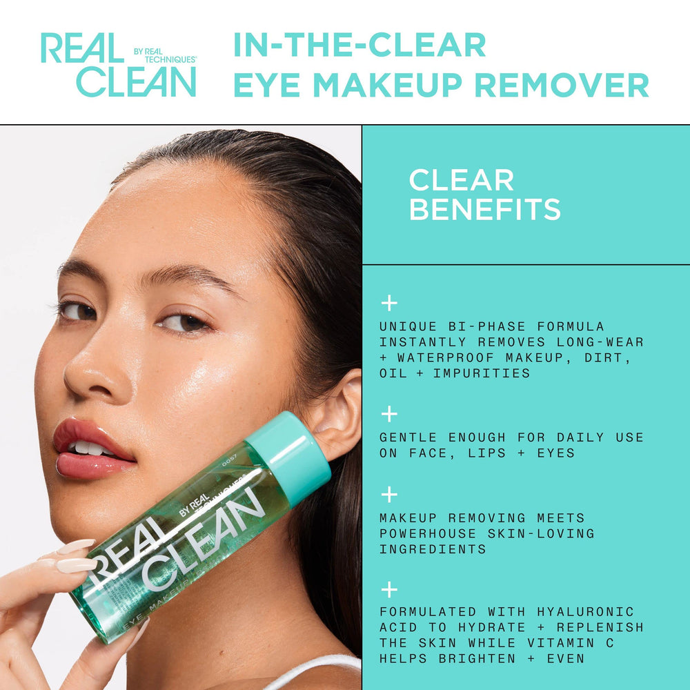 Real Techniques Real Clean In-The-Clear, fórmula bifásica, elimina maquillaje resistente con frescura.