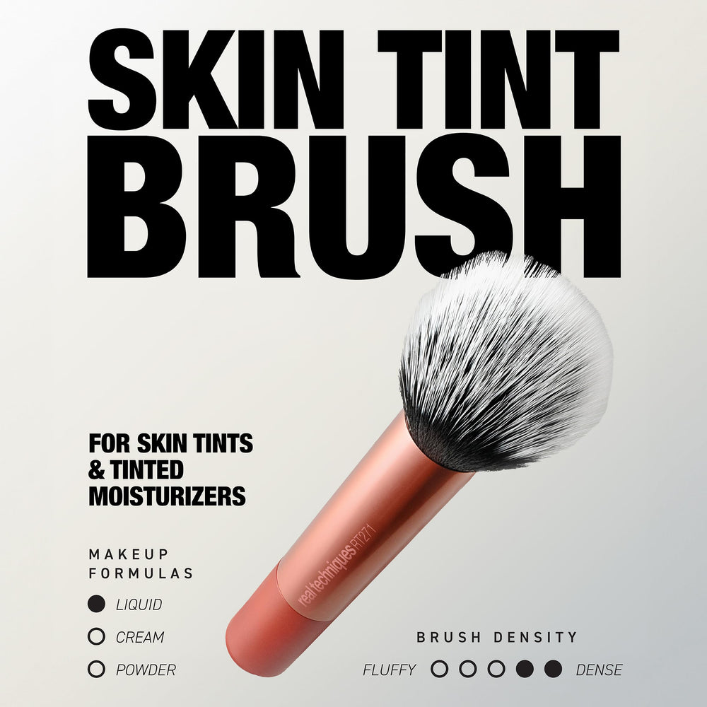 Real Techniques brush demonstrates streak-free blending effect on skin tint