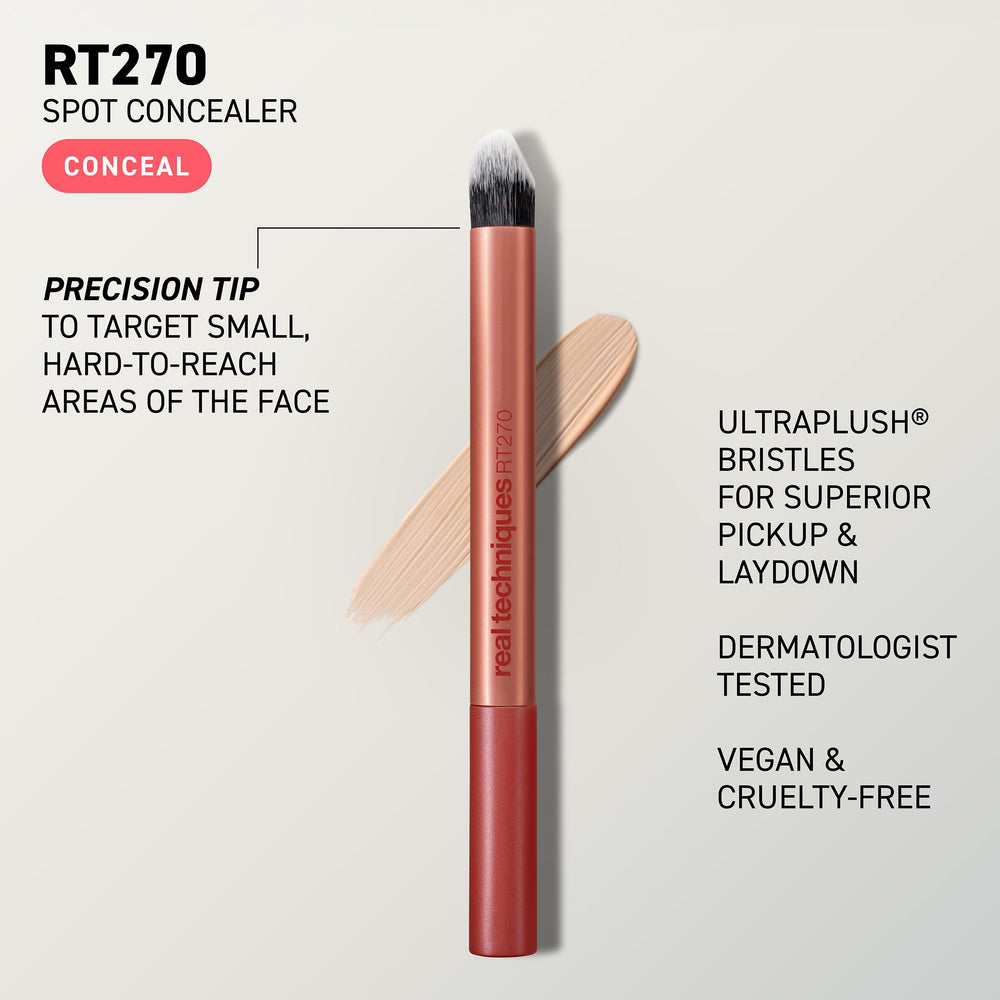 Real Techniques Spot Concealer Brush focuses blemish coverage to reduce redness effectively.