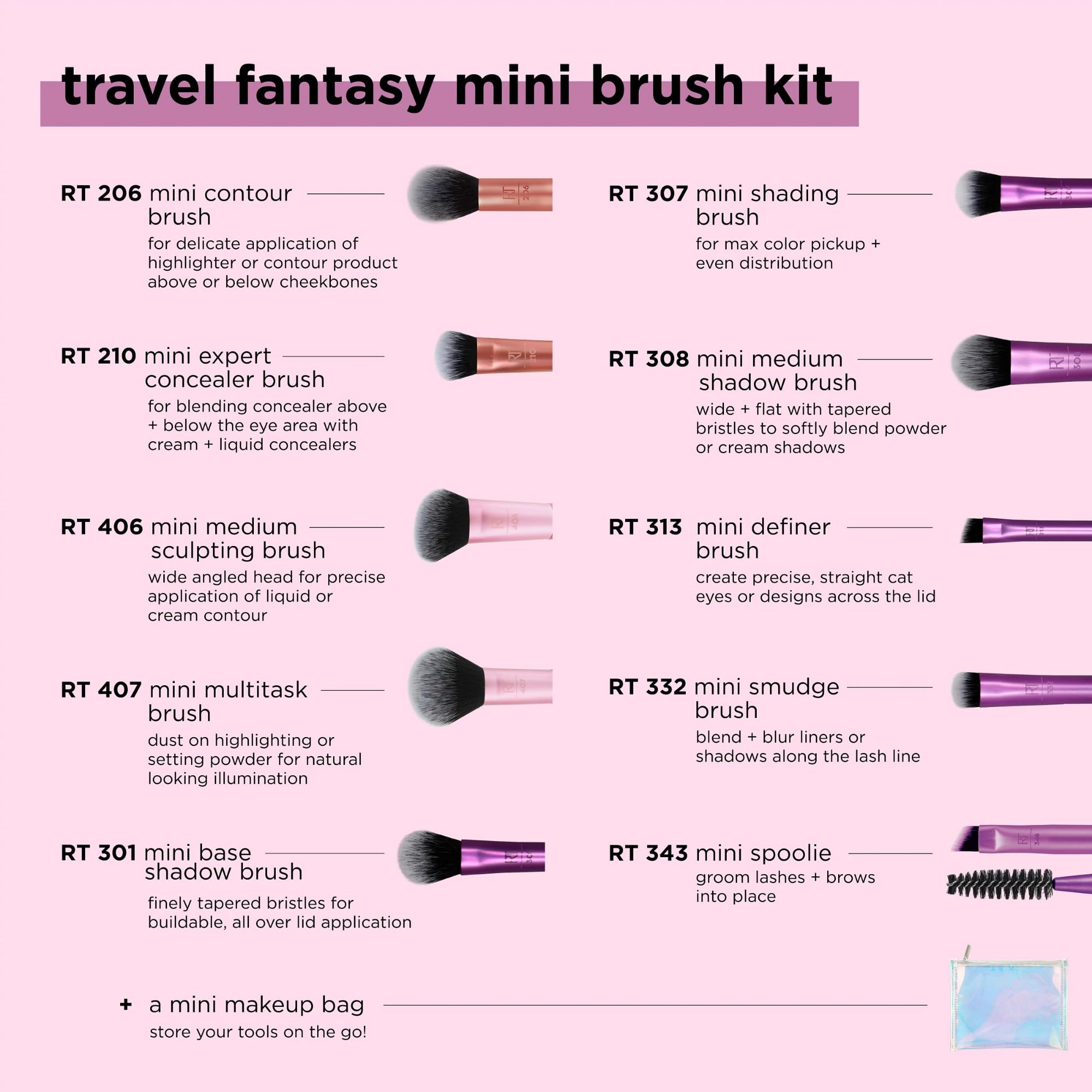 Real Techniques Travel Fantasy Mini Contour Brush 206 for defined, soft sculpting.