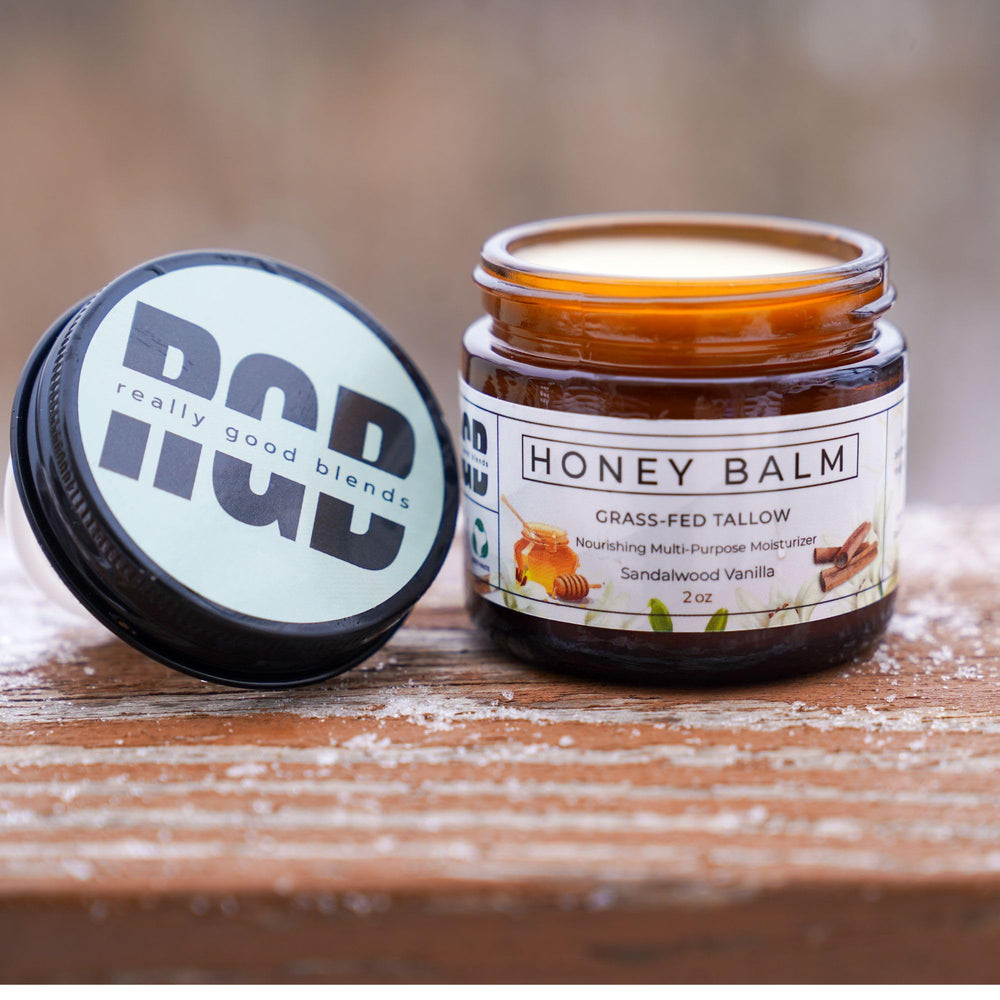 Really Good Blends Tallow Honey Balm near skincare routine—gentle care for dry skin.