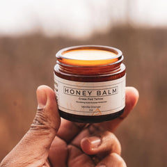 Really Good Blends balm on hand demonstrates rich moisture for elbows and knuckles.