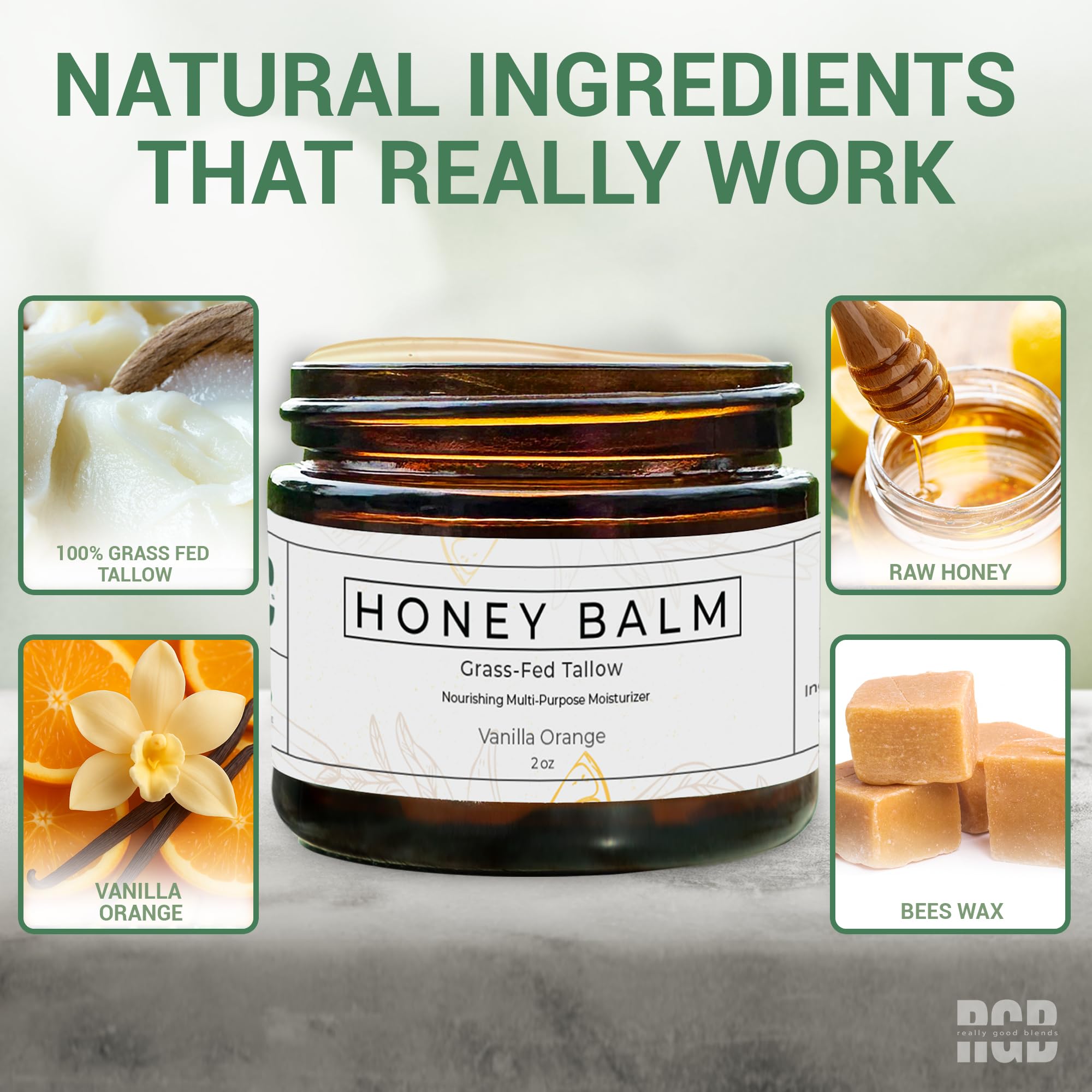 Really Good Blends Tallow Honey Balm ingredients visible, including grass-fed beef tallow and honey.