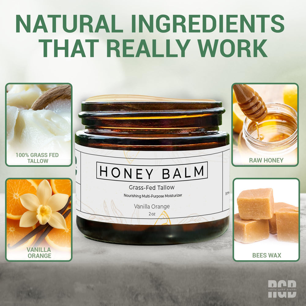 Really Good Blends Tallow Honey Balm ingredients visible, including grass-fed beef tallow and honey.