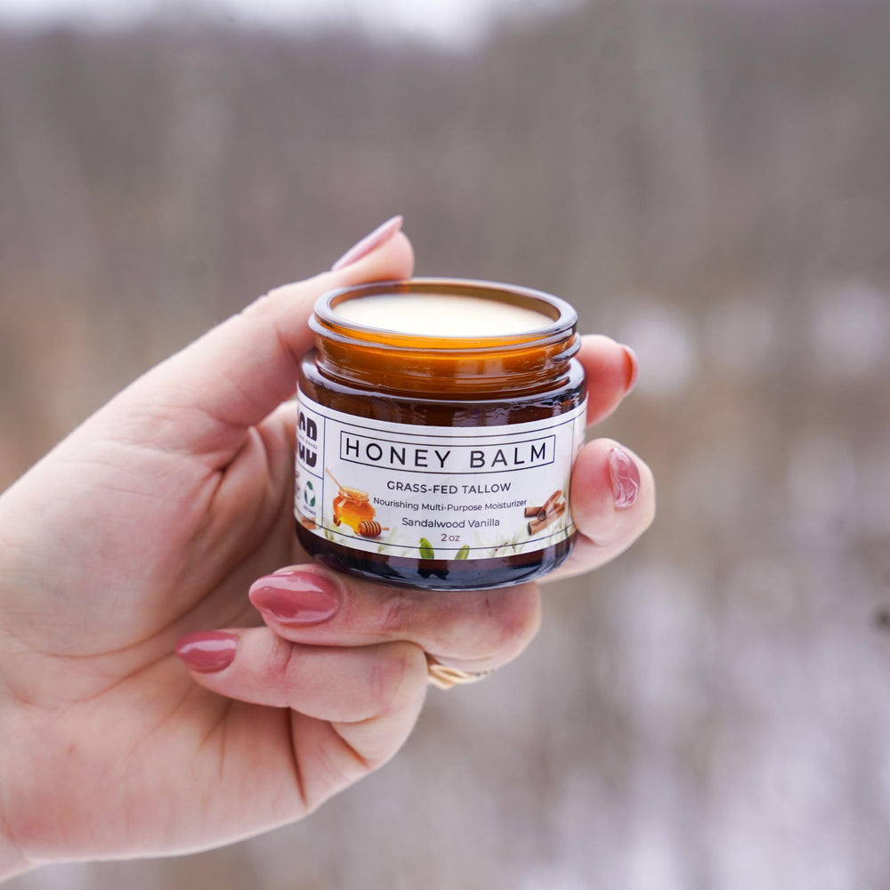 Really Good Blends Tallow Honey Balm ingredients highlight—grass-fed tallow and honey for soothing skin.