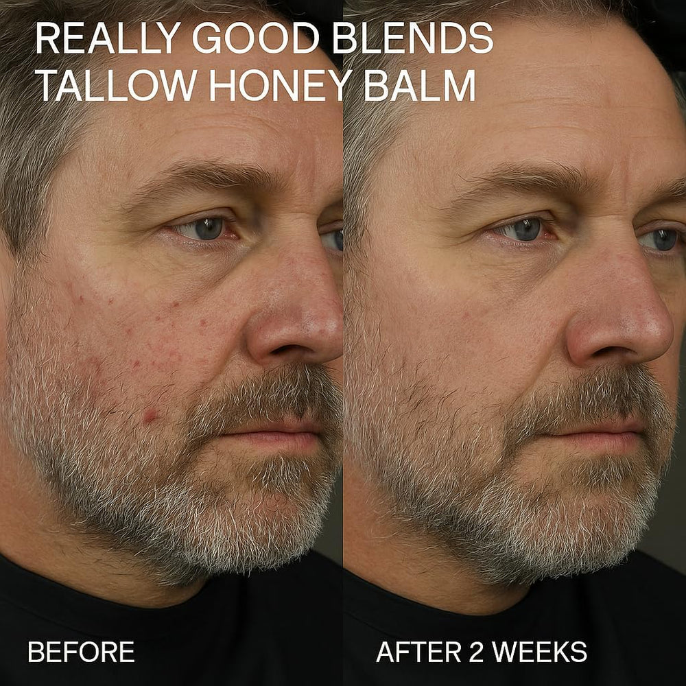 Really Good Blends Tallow Honey Balm close-up texture reveals a rich, non-greasy finish.