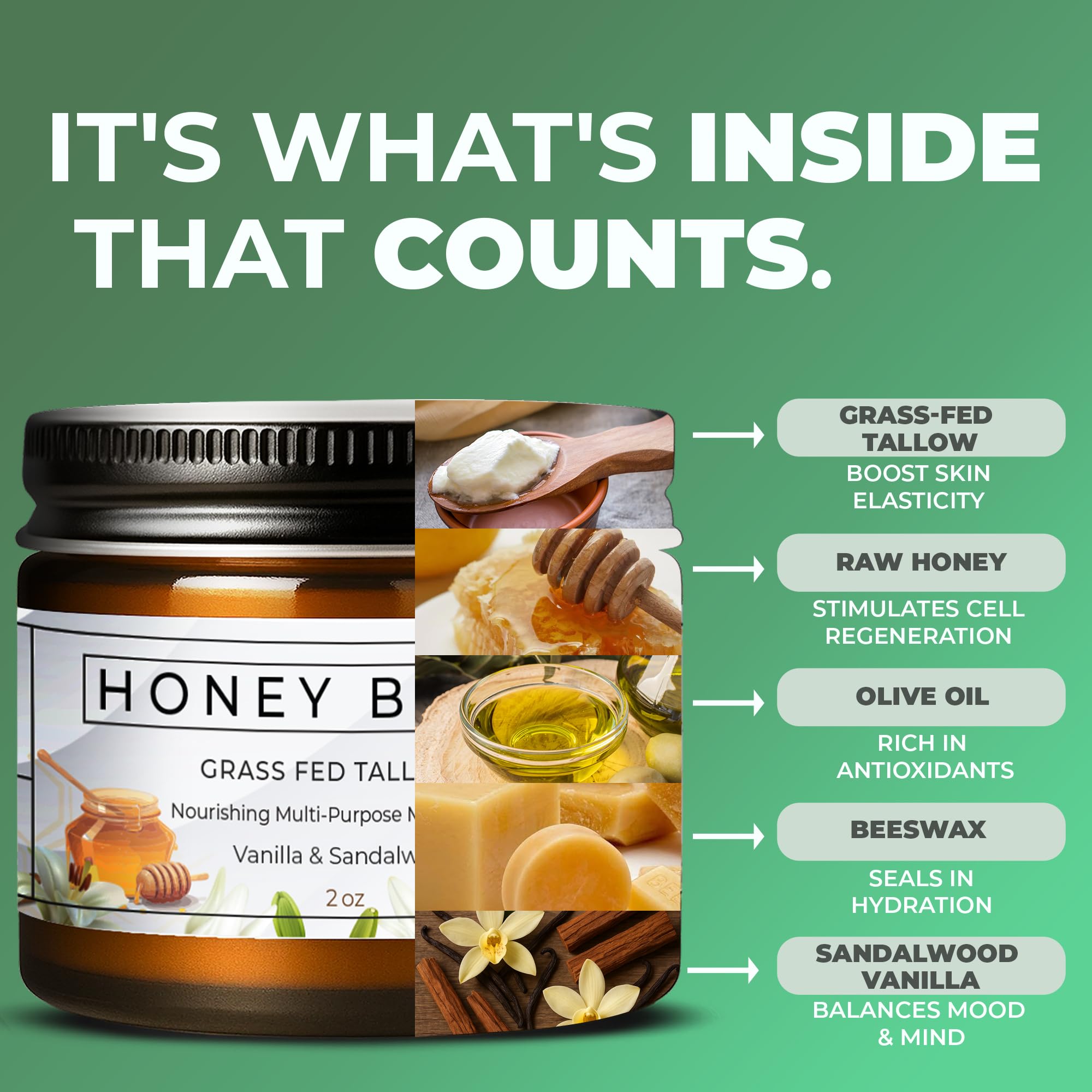 Really Good Blends Tallow Honey Balm texture close-up—creamy, soothing hydration.