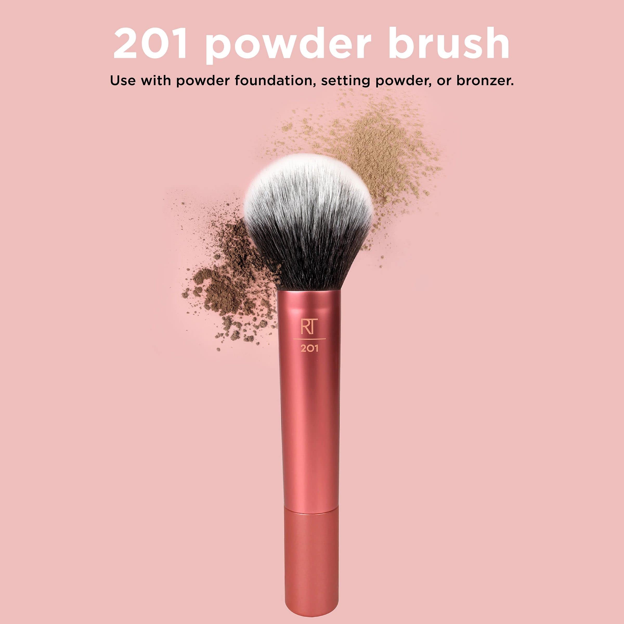 Real Techniques brush shown with setting powders for a soft matte finish.