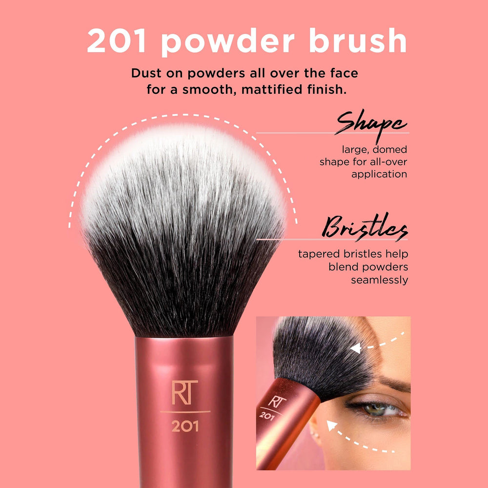 Real Techniques Ultra Plush Powder Brush provides sheer coverage for a natural look.
