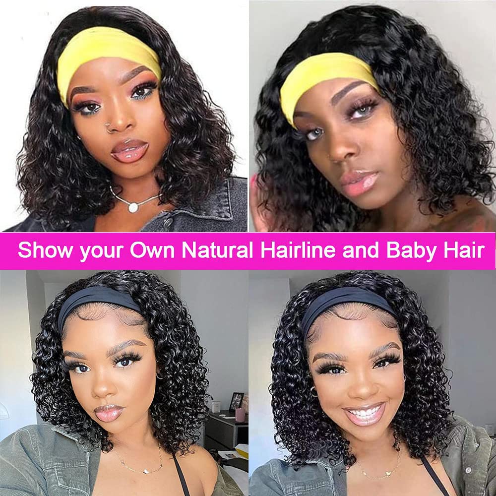 Rebasar Deep Wave Headband Wig model front view in natural black color