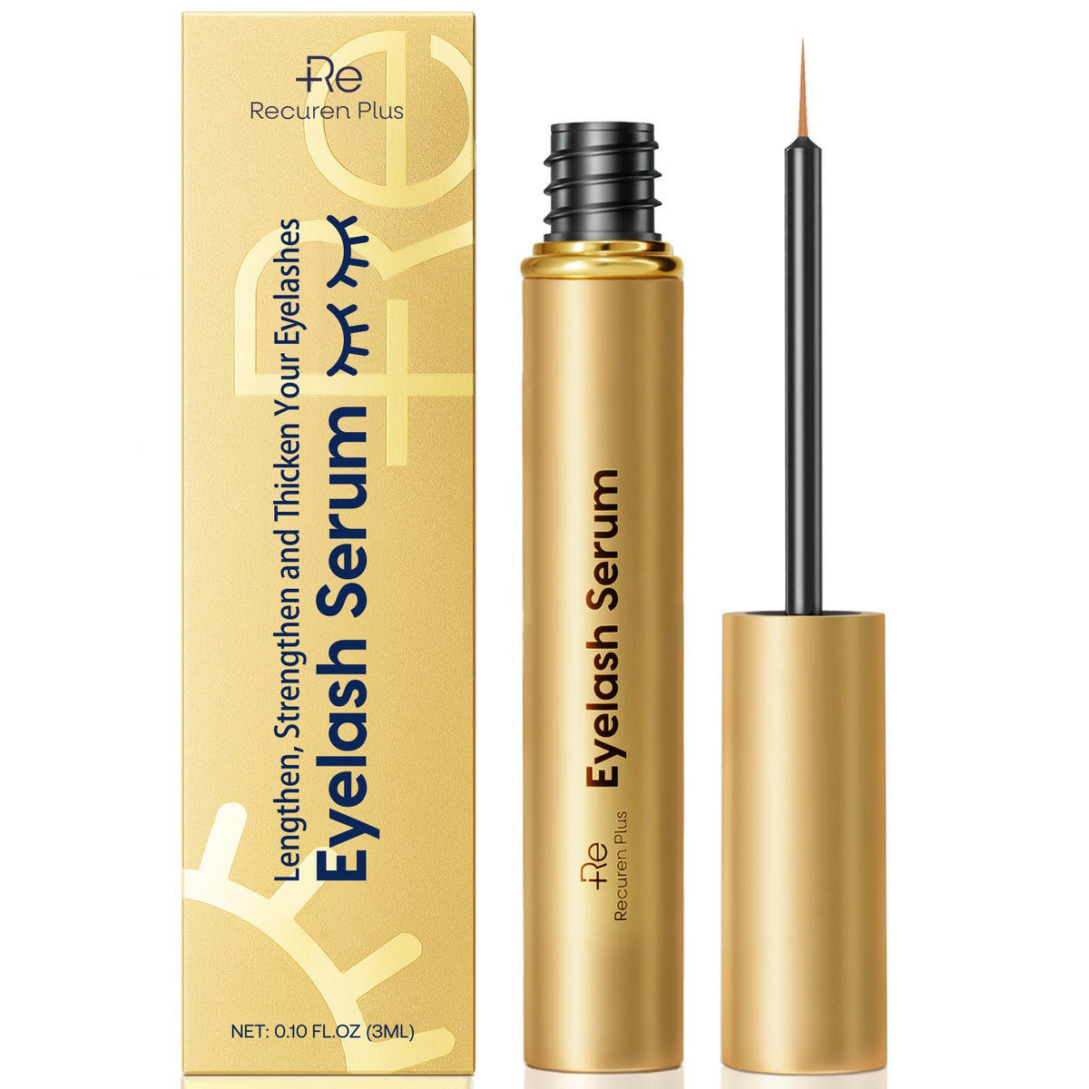 Recuren Plus eyelash serum bottle closeup showing premium formula for fuller lashes.