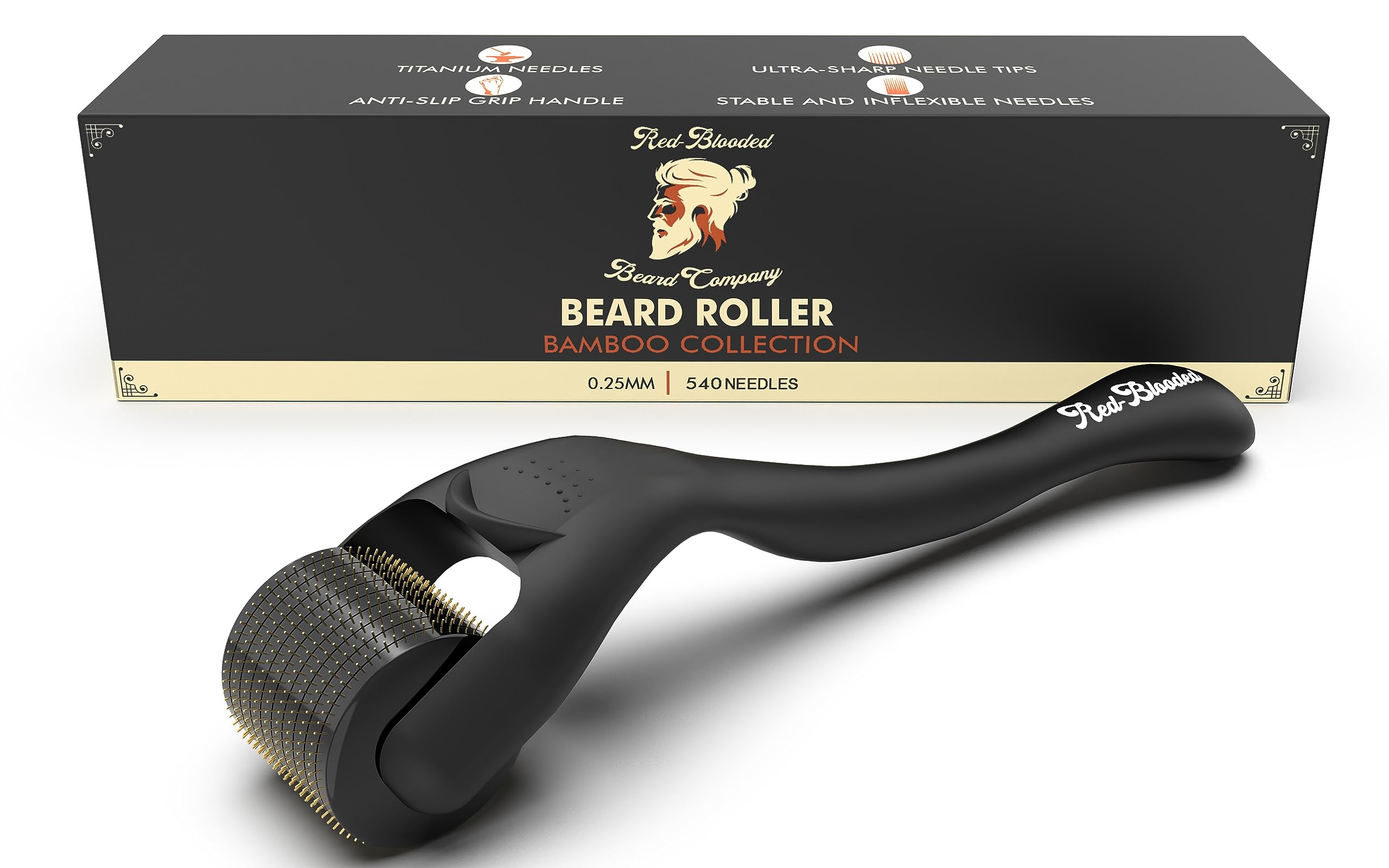 Red-Blooded Beard Derma Roller box shows premium packaging for at-home grooming.