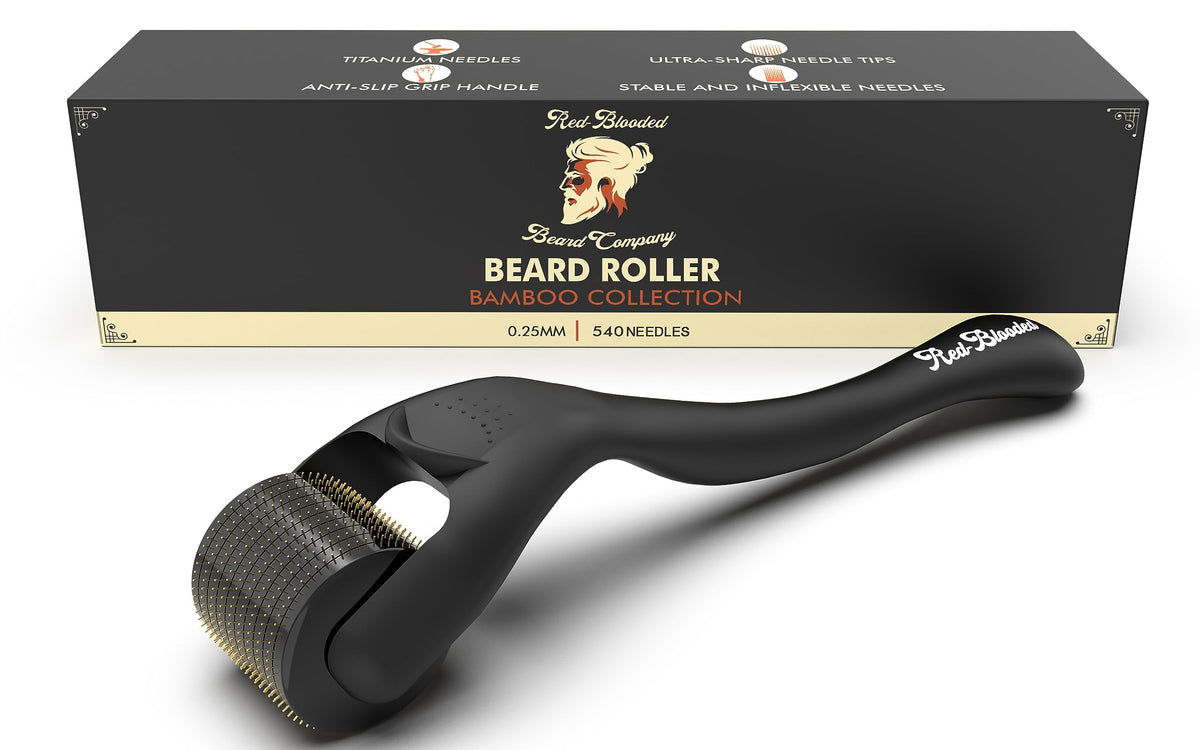 Red-Blooded Beard Derma Roller box shows premium packaging for at-home grooming.