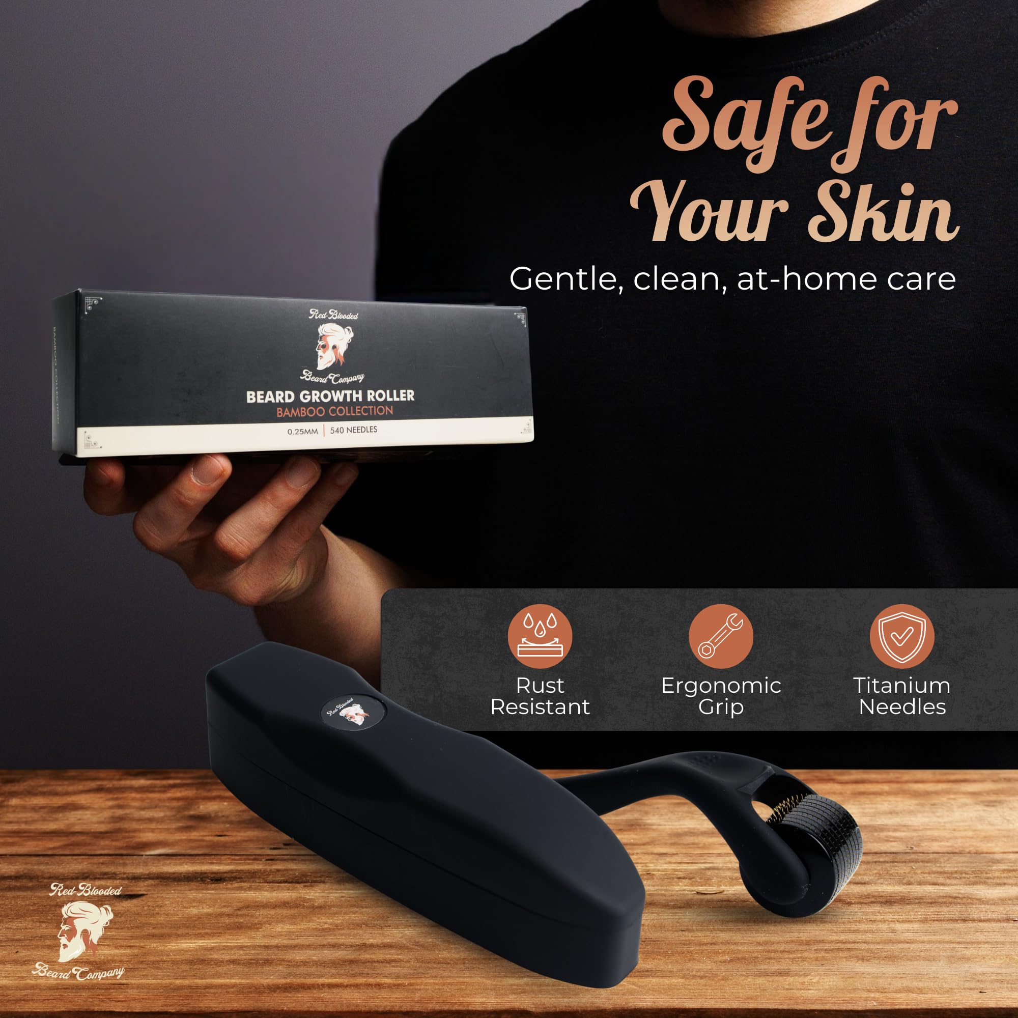 Ergonomic handle of Red-Blooded Derma Roller designed for comfortable home use.