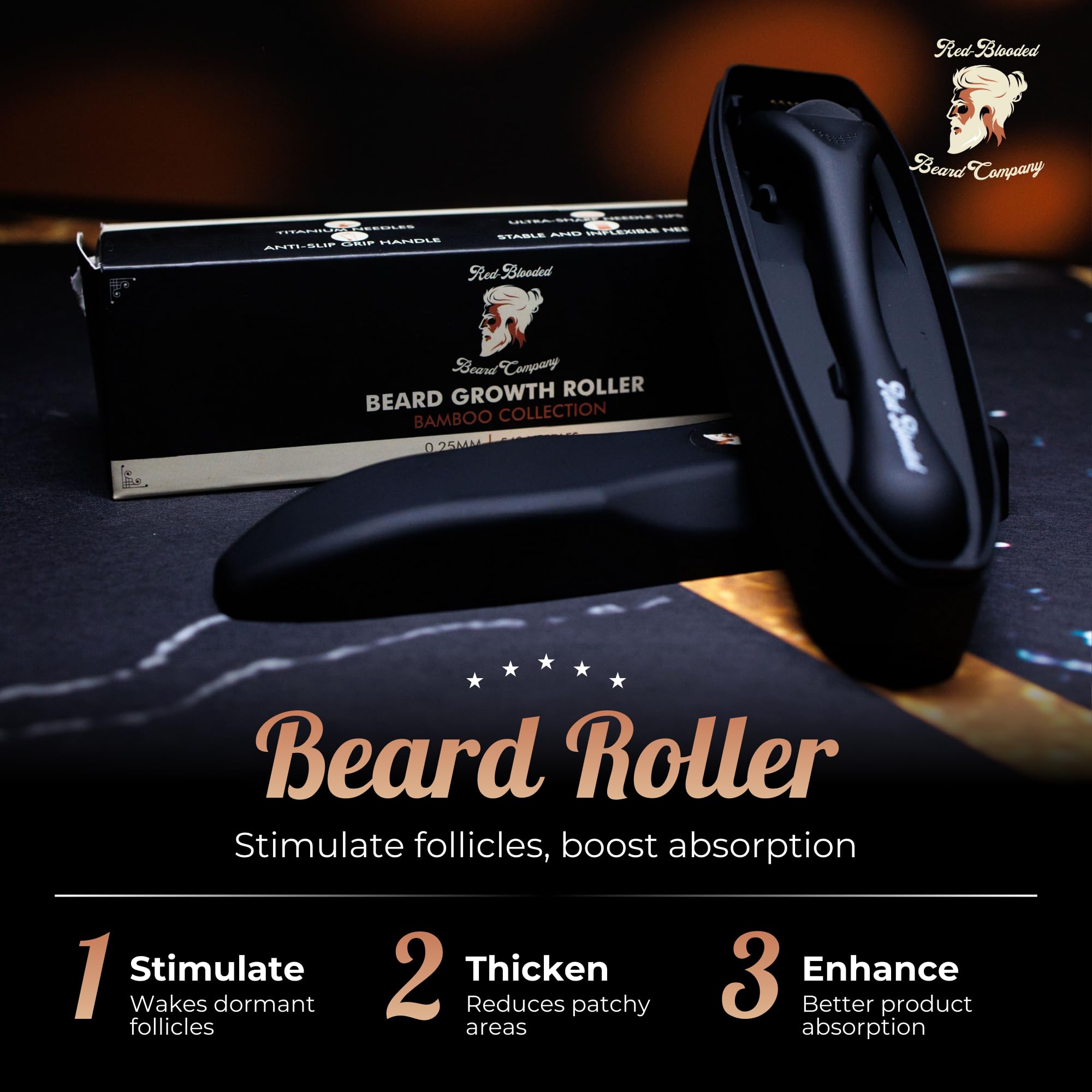 Red-Blooded Derma Roller handheld device ready for precise microneedling on facial hair.