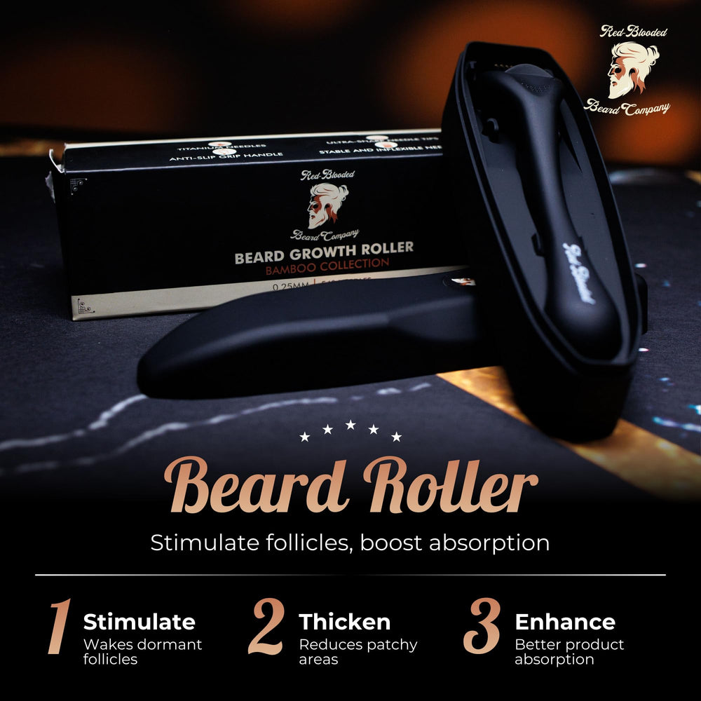 Red-Blooded Derma Roller handheld device ready for precise microneedling on facial hair.