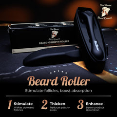 Red-Blooded Derma Roller handheld device ready for precise microneedling on facial hair.