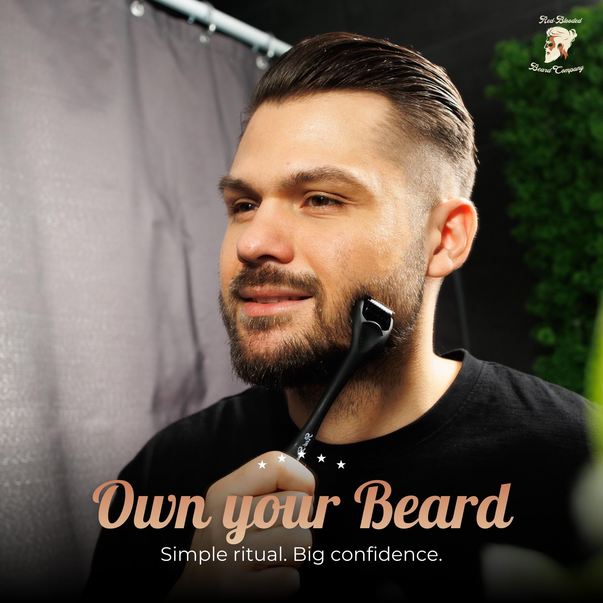 Pairing Red-Blooded Derma Roller with Minoxidil for daily beard care routine.
