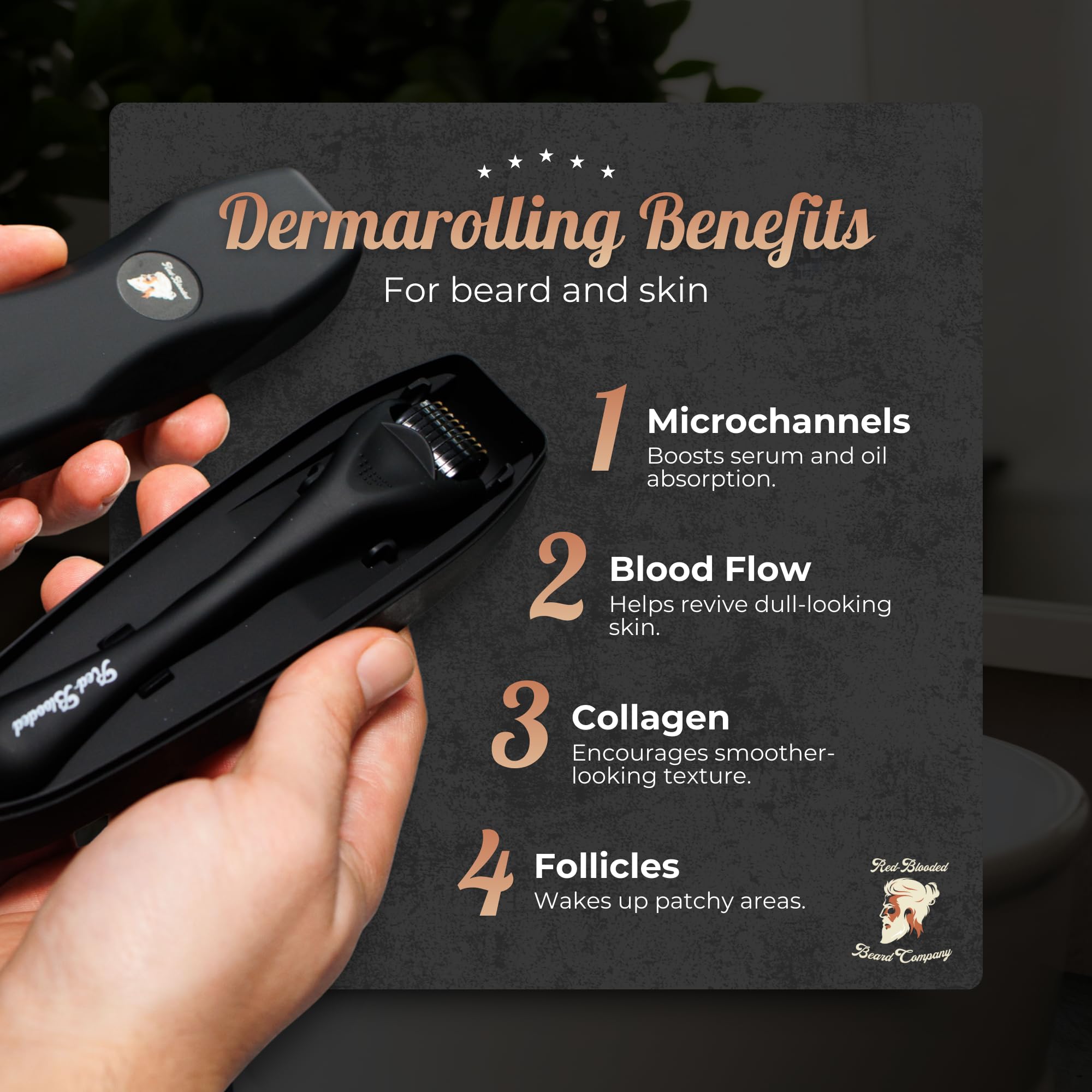 Beard being treated with Red-Blooded Derma Roller to improve fuller-looking facial hair.