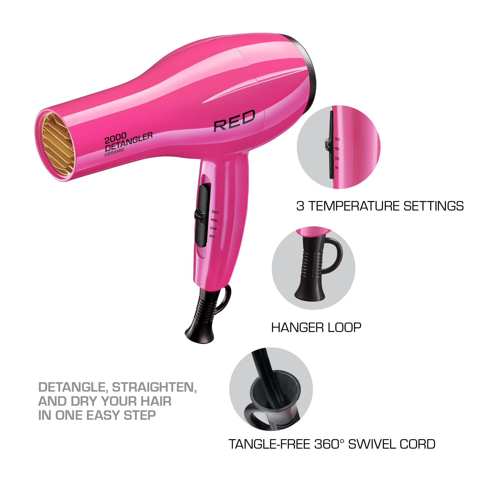 Red by Kiss 2000 detangler pik double-layered in use for gentle detangling