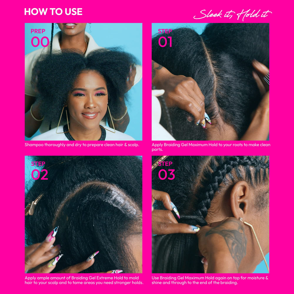 Red by Kiss Braiding Gel application guide showing root-to-tip use