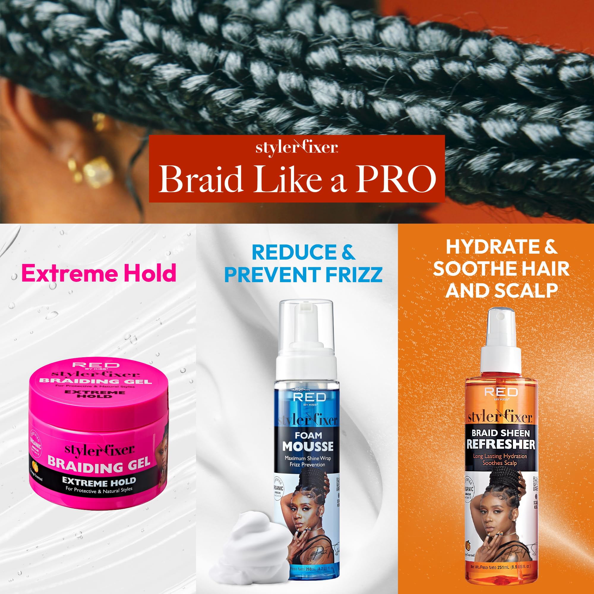 Red by Kiss Braiding Gel foam mousse set for moisture and sleekness