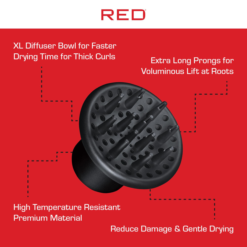 Red by Kiss diffuser with heavy-duty rubber grip stays secure during styling.