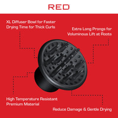 Red by Kiss diffuser with heavy-duty rubber grip stays secure during styling.