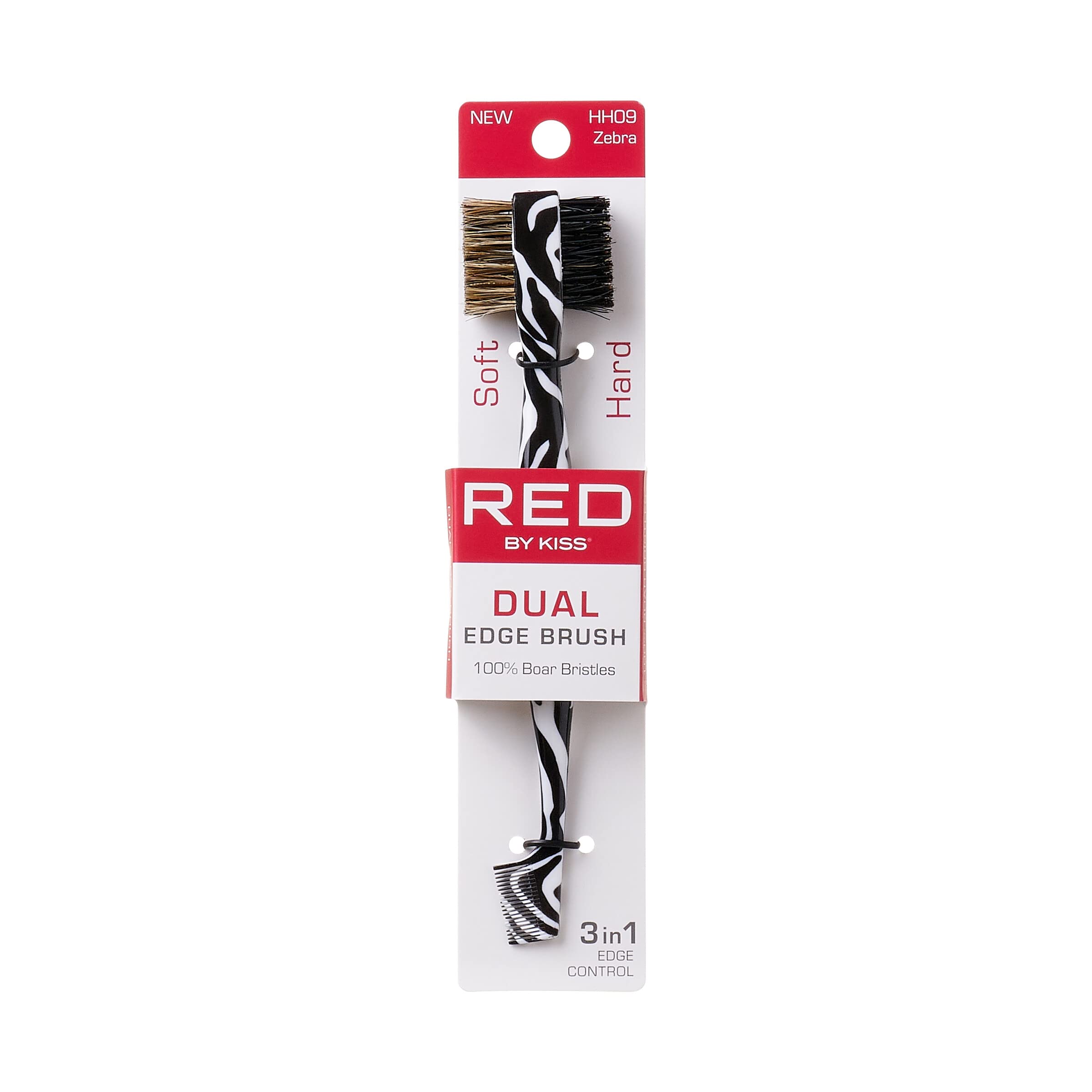 RED by Kiss Dual Edge Brush hard bristles provide precise shaping for defined hairlines.