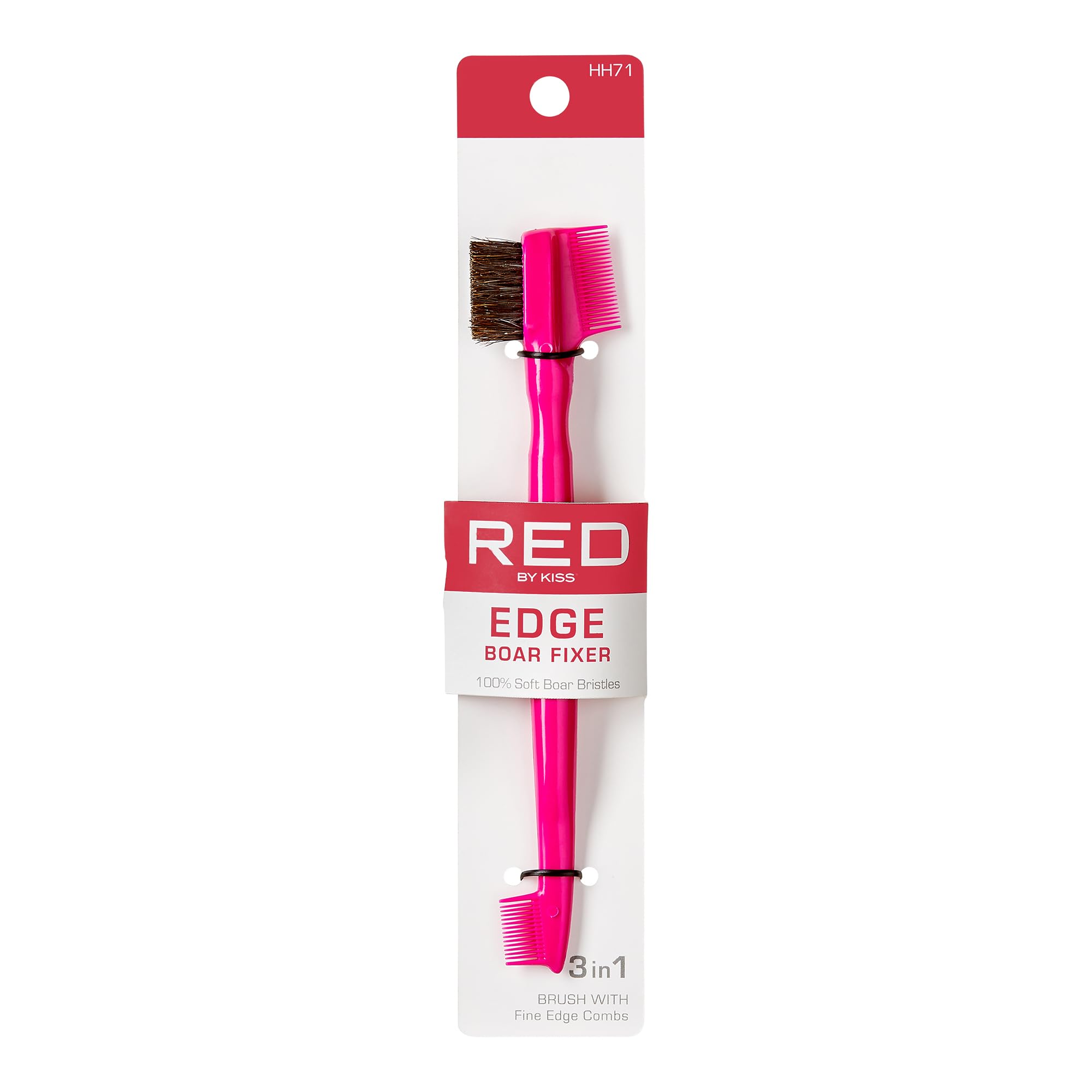 Red by Kiss Edge Fixer professional boar brush, front view, smooths edges with premium bristles.