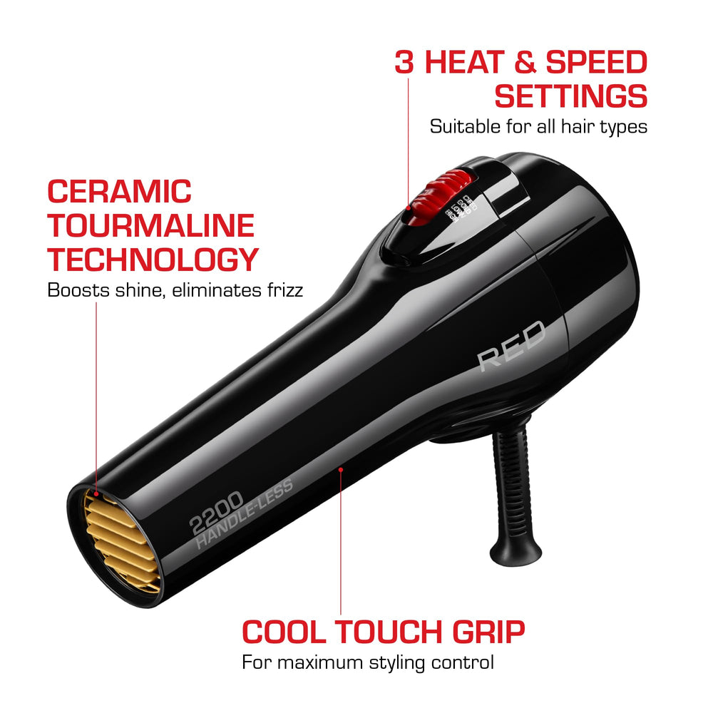 Red by Kiss 2200W dryer highlighting ionic technology for smoother, frizz-free results.