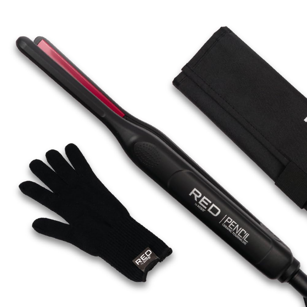 Red by Kiss Pencil Flat Iron compact front view shows precise styling for short to medium hair.