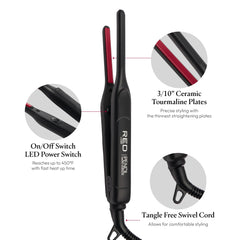 Red by Kiss Pencil Flat Iron plates closeup highlights tourmaline ceramic for smooth, snag-free styling.