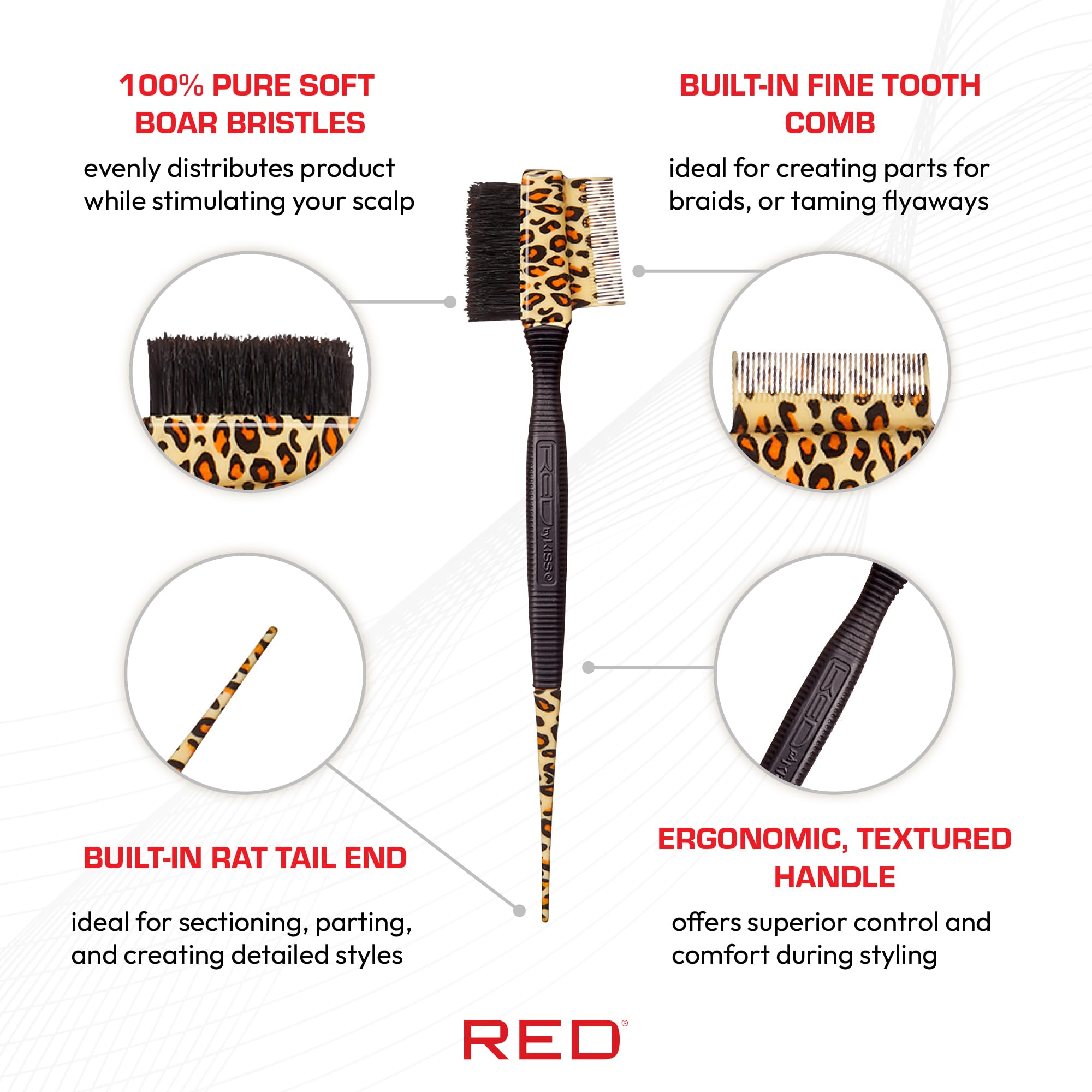 Red by Kiss rat-tail end aids clean sectioning for braids and parts.