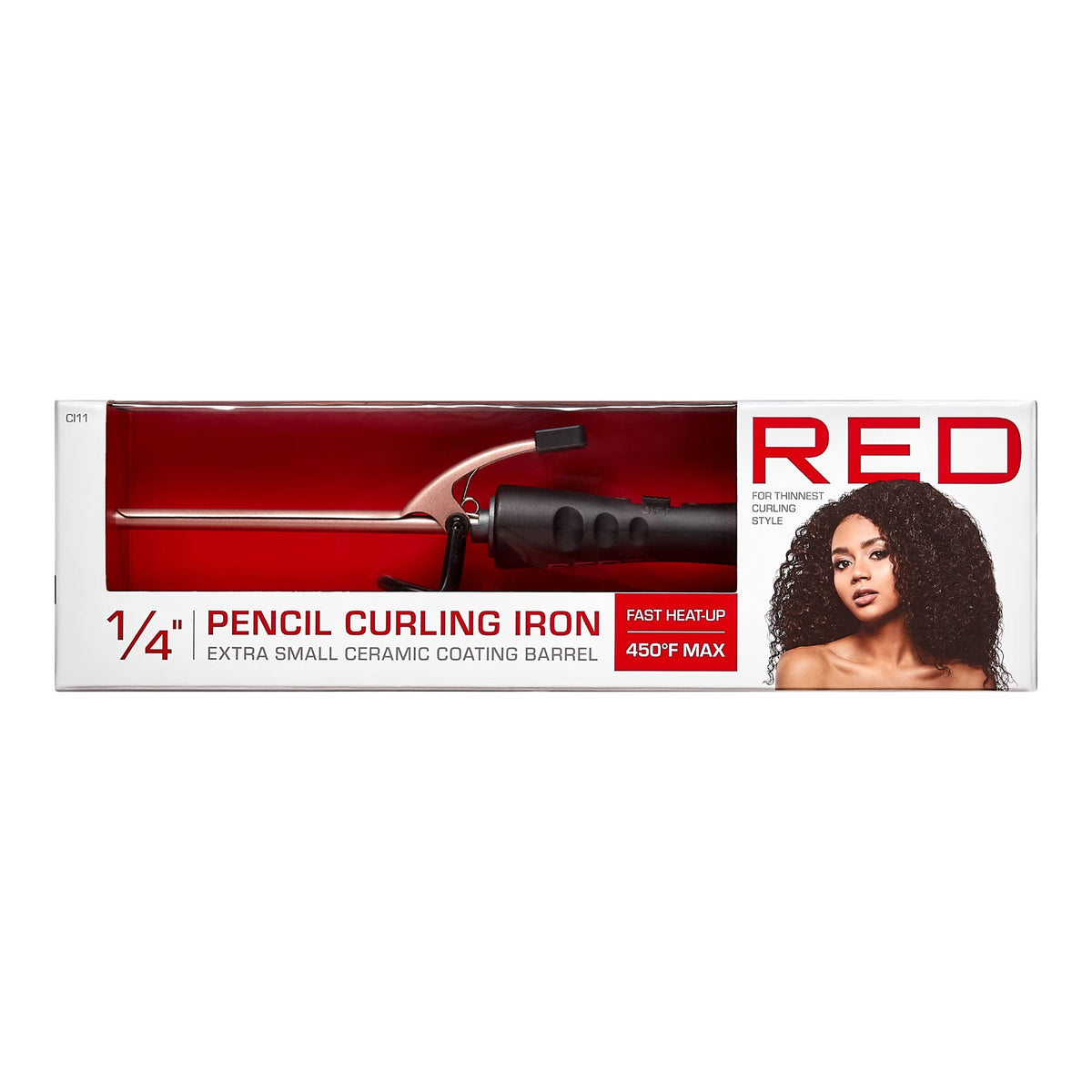 Red by Kiss curling iron close-up showing a 1/4 inch barrel for precise curls.