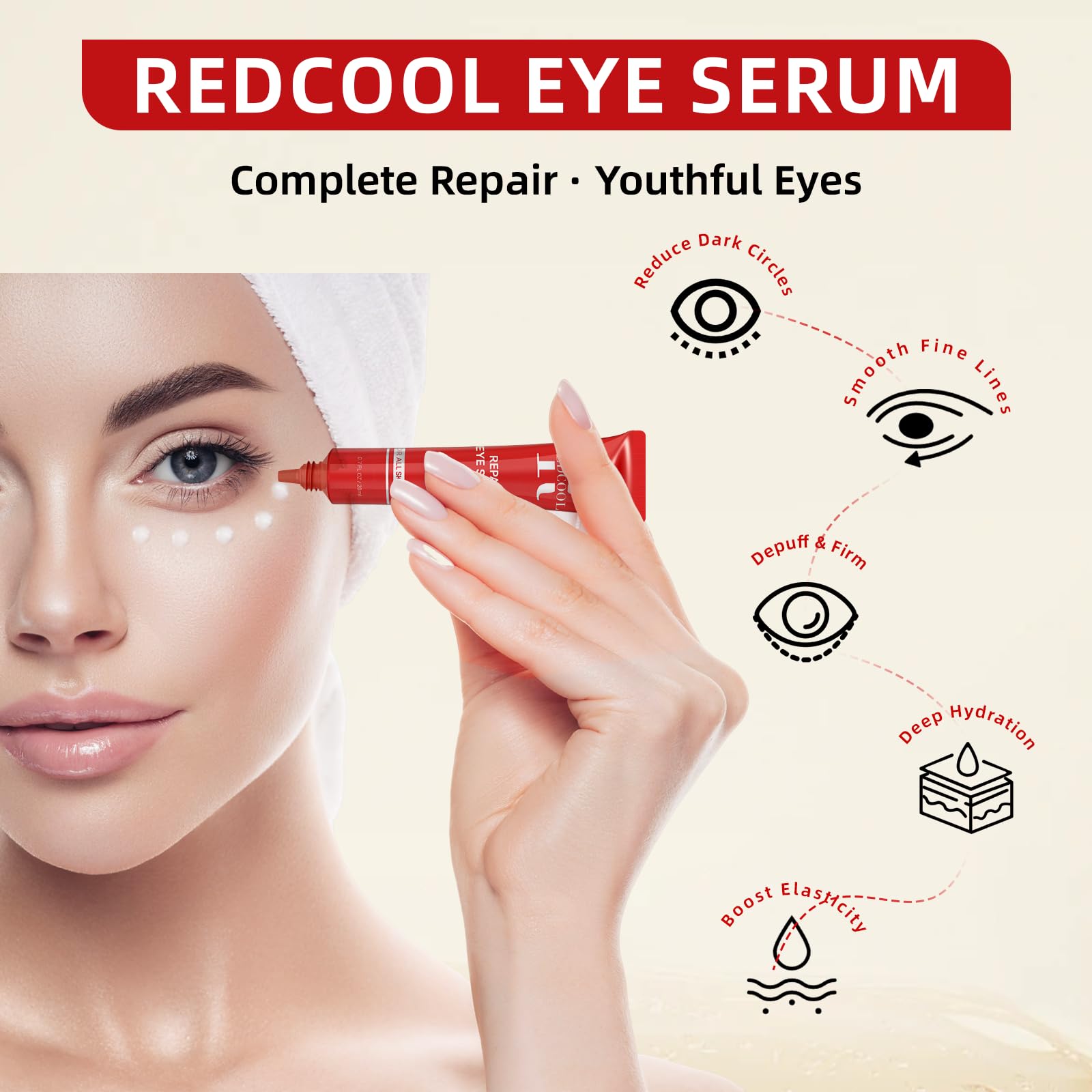 Redcool Caffeine Eye Serum bottle dispensing action for quick absorption and refreshed look.