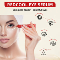 Redcool Caffeine Eye Serum bottle dispensing action for quick absorption and refreshed look.