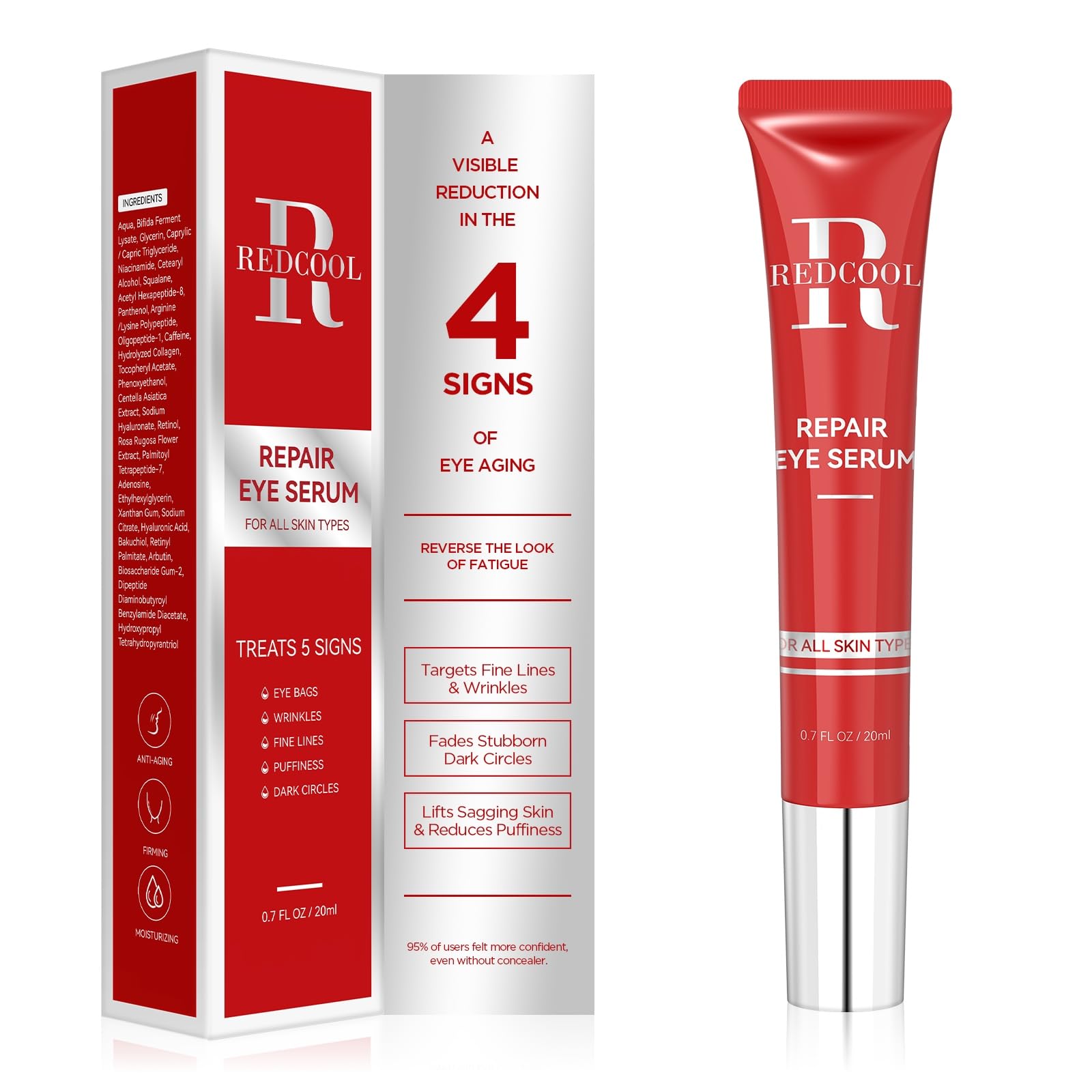 Redcool Caffeine Eye Serum jar close-up shows hydration and brightening benefits for tired eyes.