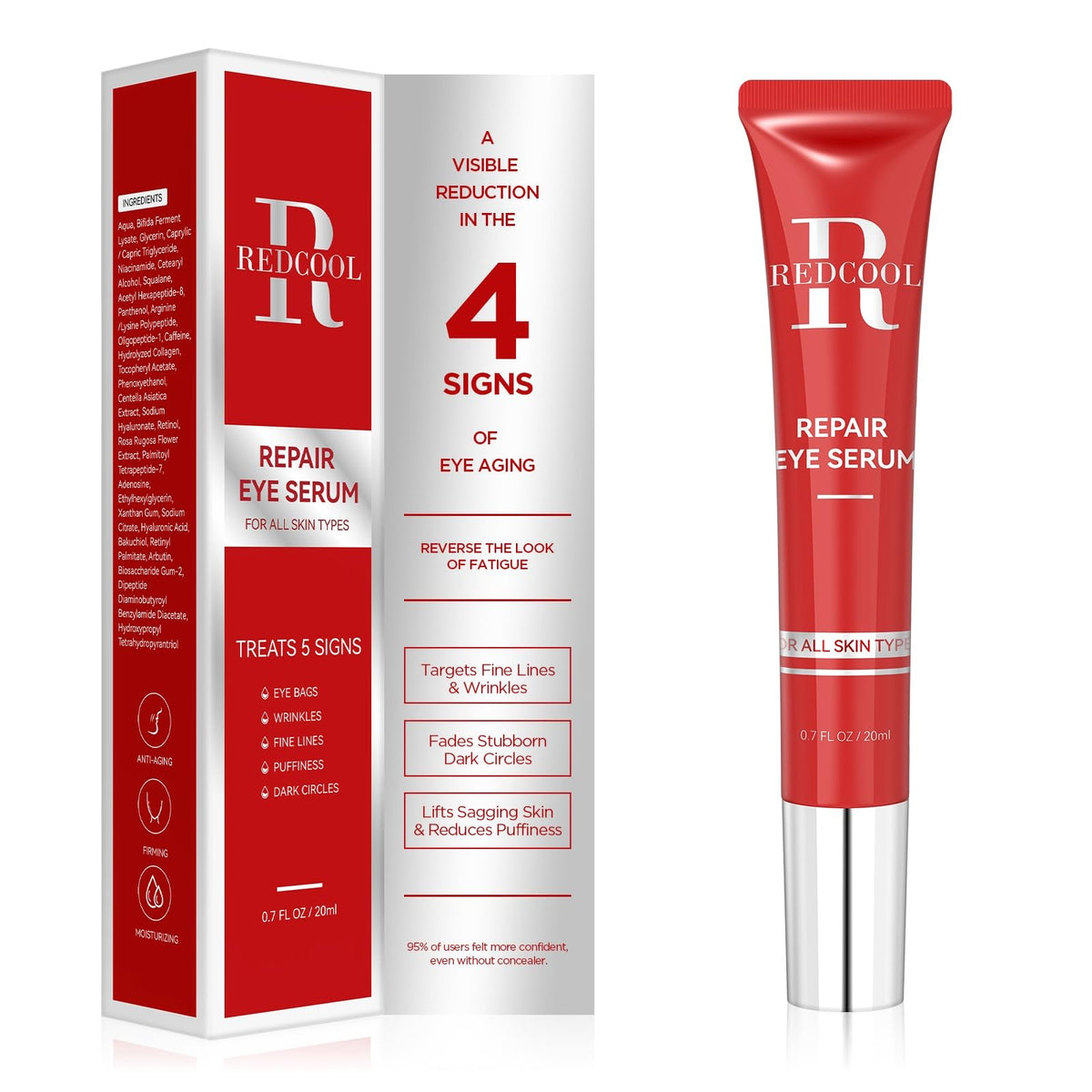 Redcool Caffeine Eye Serum jar close-up shows hydration and brightening benefits for tired eyes.