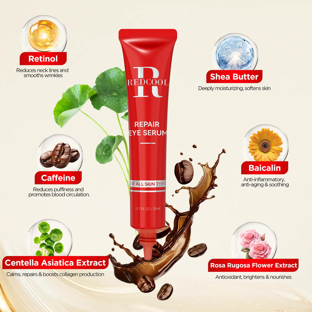 Redcool Caffeine Eye Serum packaging front highlights premium design and brand.