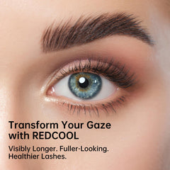 Close-up of applying Redcool Lash Serum with brush on upper lid