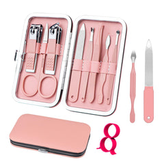 RedFlow 8-in-1 manicure set in pink case for easy travel and organization.