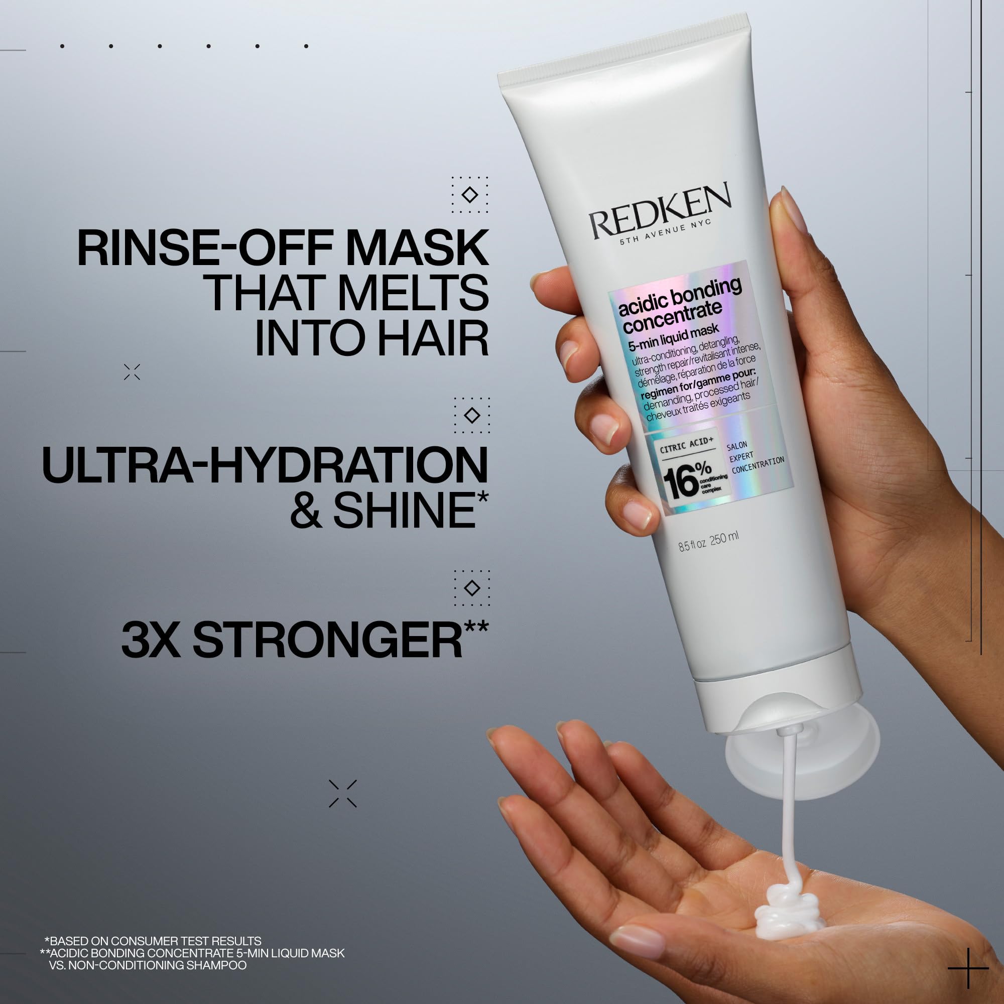 Redken bottle pour demonstrates quick, even distribution for the mask.