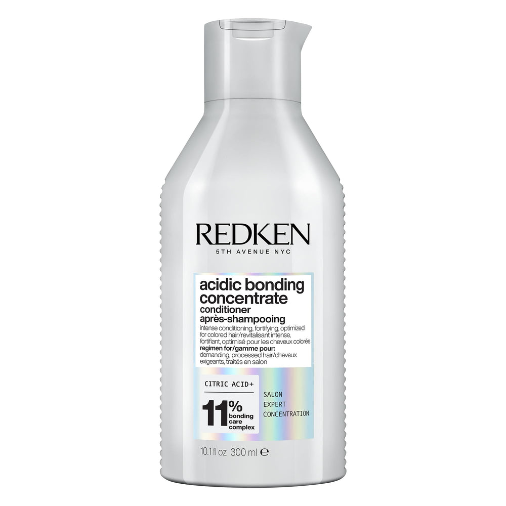 Redken Acidic Bonding Concentrate bottle showing strengthening, sulfate-free formula for damaged hair